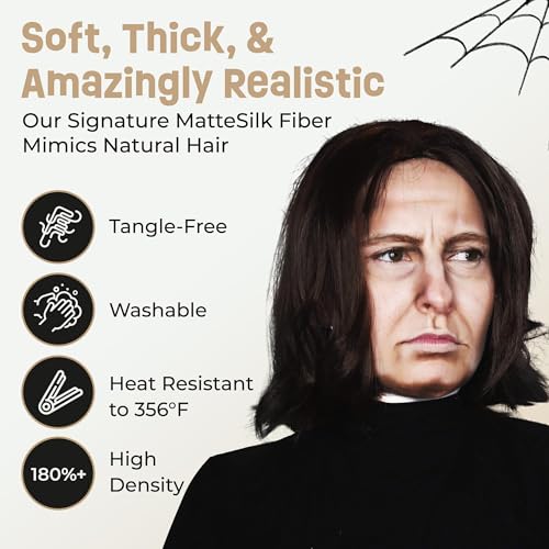 ALLAURA Compatible with Severus Snape Costume – Long Black Wig for Men – Dark Wizard, Professor, Vampire, Farquaad, Wick, Michael, Vincent Cosplay – Adult Halloween Hairpiece for Movie & Fantasy Looks - color: 8-Black