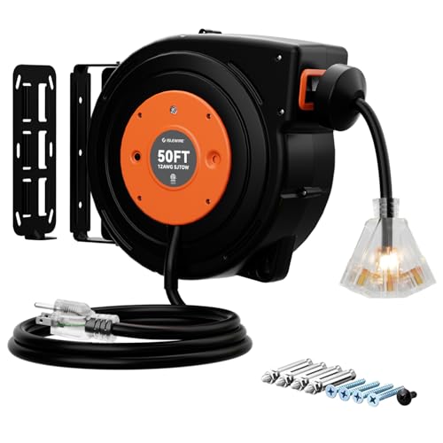 50 FT Retractable Extension Cord Reel, Heavy Duty 12AWG/3C SJTOW Power Cord, Lighted Triple Tap, 15A Circuit Breaker, Wall/Ceiling Mount Electric Cord Reel for Garage & Workshop, ETL Listed, Orange - color: Orange