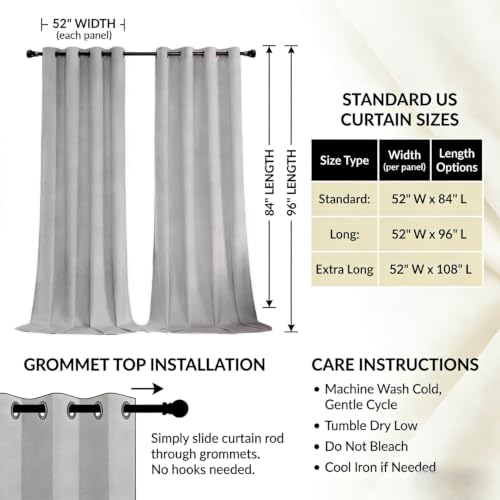 SNITIE Grey 52”x108” Long Velvet Curtains with Grommet - 2P - color: Grey, size: 52"W x 108"L (Pack of 2)