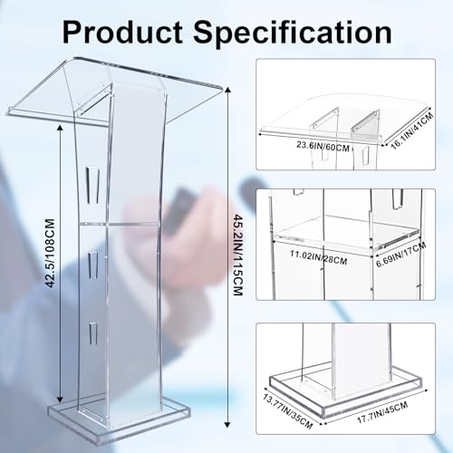 Acrylic Podium Stand, Ultra Clear 43'' Pulpits for Churches with 15 Color Adjustable, Modern Lectern with Storage Sheld for Church,Conference,Speech,Classroom, 23.62”x 15.75”X 43.3”