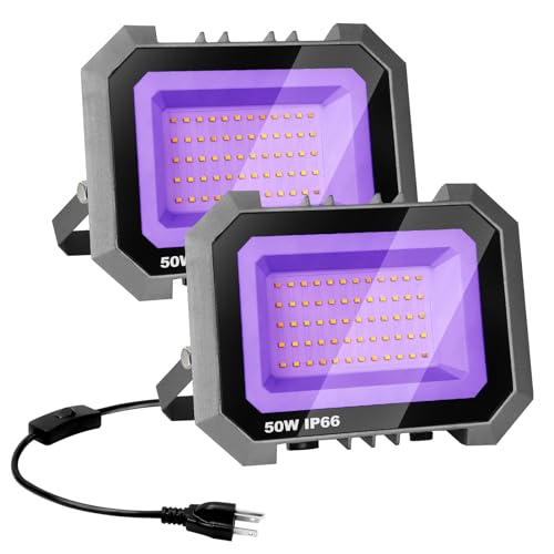 50W LED Black Lights 2 Pack, Blacklight Flood Light with On/Off Switch | 6.7Ft Cord, IP65 Waterproof Outdoor Black Lights, Glow in The Dark, Halloween, Body Paint, Fluorescent Poster, Neon Glow - size: 50 watts