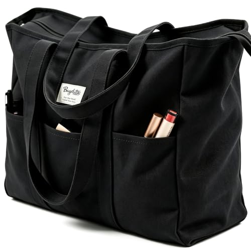 Bagelite Extra Large Canvas Tote Bag for Women Men, Utility Work Bags with Zipper - color: Black