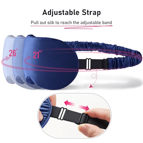 LitBear 100% 22 Momme Mulberry Silk Sleep Mask - 3D Contoured, Deep Blue | Pure Silk, Eyelash-Friendly, Soft, Breathable, Perfect Blocks Light, Tangle-Free Adjustable Strap, Travel Pouch - color: Midnight Blue