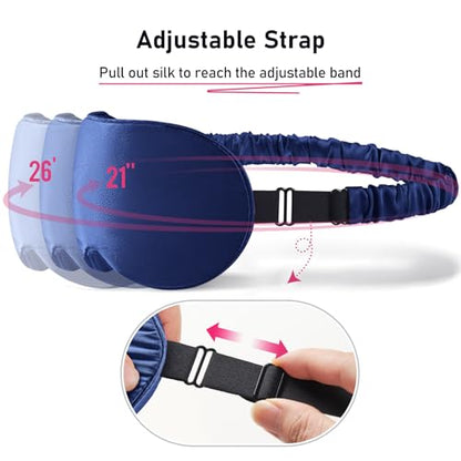 LitBear 100% 22 Momme Mulberry Silk Sleep Mask - 3D Contoured, Deep Blue | Pure Silk, Eyelash-Friendly, Soft, Breathable, Perfect Blocks Light, Tangle-Free Adjustable Strap, Travel Pouch - color: Midnight Blue
