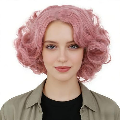 Short Curly Pink Wigs for Women Pastel Retro Hairstyles Lolita Cosplay - color: Pink