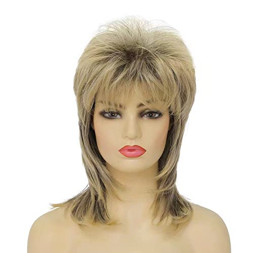 Blonde Mullet Wig for Women Short Shaggy Layered Hair Dark Roots Cosplay Rocker 70s 80s Costume Wigs - color: Blonde