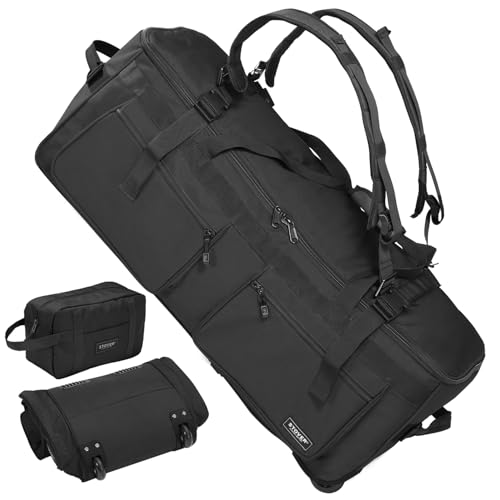 STOVER 45/80/100L U-Zip Rolling Duffel Bag with Wheels, X-Large Durable Travel Duffle + Toiletry Bag, Lay-Flat Opening, Packable w/Shoulder Straps- Use as Luggage or Backpack, Men/Women (Black) - color: U-Zip Voyager Black