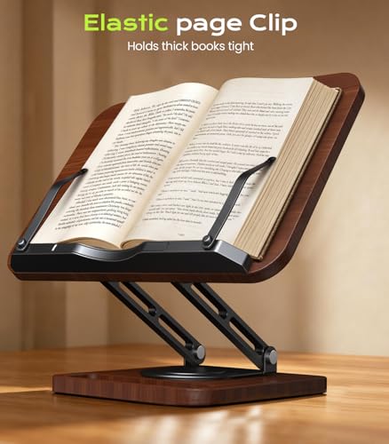 LOXP Book Stand with Storage, 360° Rotating Cookbook Stand, Ergonomic | Adjustable height angle,Hands-free, anti-slip base, Elastic Page Clips for Laptop Tablet, Foldable for Kitchen School