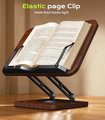 LOXP Book Stand with Storage, 360° Rotating Cookbook Stand, Ergonomic | Adjustable height angle,Hands-free, anti-slip base, Elastic Page Clips for Laptop Tablet, Foldable for Kitchen School