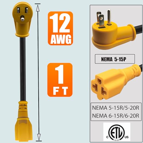 Outdoor 1Ft 12AWG 15 Amp Household to 20 Amp AC Power Adapter Cable | NEMA 5-15P to 5-15R/5-20R/6-15R/6-20R Right Angle Adapter Cable,UL/ETL 15A 125V to 20A 250V Power Adapter for EV Charger - size: 1ft Extension cord