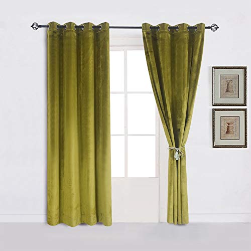 Super Soft Luxury Room Darkening Velvet Moss Green Thermal Blackout Curtain Panel Drapes Grommet Draperies Eyelet 52Wx63L inch Green Yellow,2 Panels - color: Moss-green, size: 52Wx63L
