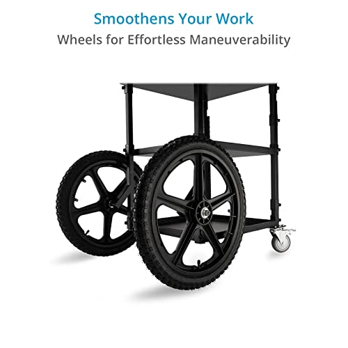 PROAIM Soundchief OG Sound Cart, 14U Rack Mount, 120kg/265lb, Collapsible | Aluminum build with 3 trays; adjustable middle shelf; 20 inch pneumatic rear wheels; 3 inch swivel front wheels; cable hooks