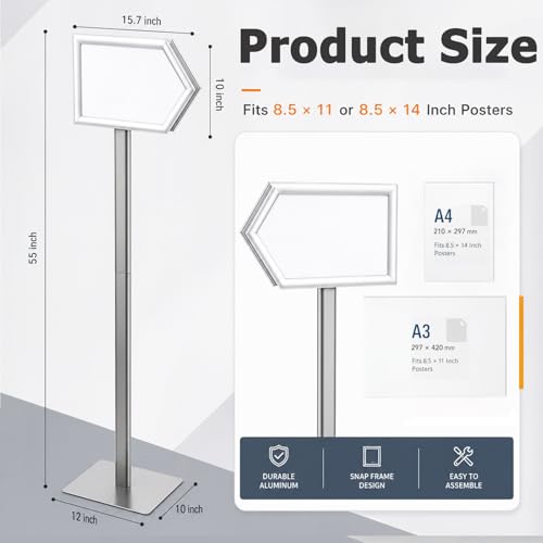 Moxweyeni 55'' Directional Arrow Sign Stand for Conference Room Office, Double Sided Aluminum Snap Frame Floor Sign Holder for 8.5 x 11 or 8.5 x 14 Posters, Wayfinding Signage for Lobby, Event, Hotel