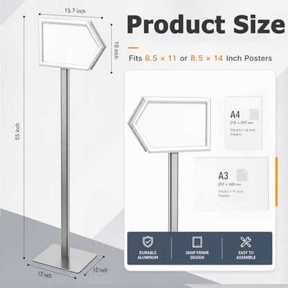 Moxweyeni 55'' Directional Arrow Sign Stand for Conference Room Office, Double Sided Aluminum Snap Frame Floor Sign Holder for 8.5 x 11 or 8.5 x 14 Posters, Wayfinding Signage for Lobby, Event, Hotel