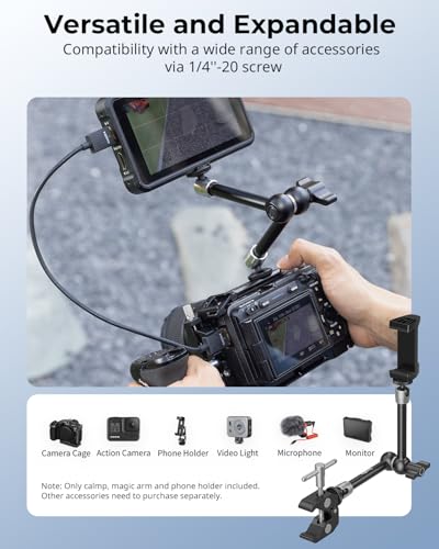 SMALLRIG Magic Arm Clamp w/ 1/4 and 3/8 Thread Holes, 9.8 Inches Adjustable | Articulating Magic Arm with Phone Holder for Action Cameras, Smartphones, LCD Monitor/LED Lights - 5326 - size: 9.8''+phone clamp