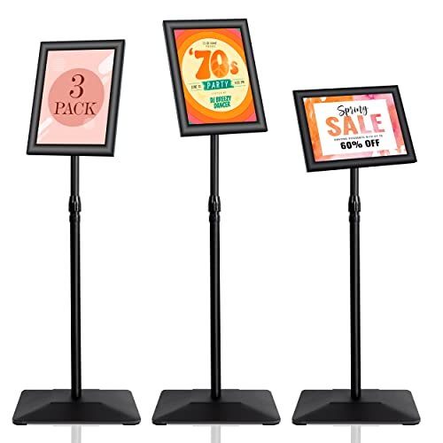 3 Packs Heavy Duty Pedestal Poster Sign Stand, 8.5"x11" Adjustable Floor Standing Sign Holder with 6.6Lbs Solid Steel Base for Vertical and Horizontal View Sign Displayed Stands, Black - color: Black, size: 8.5"x11"-3Pcs