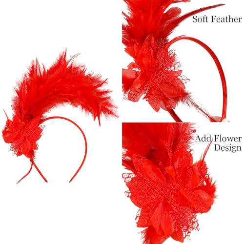 Loieryk Feathers Fascinator Headband 1920s Queen Headpiece Fascinators Hats for Women Tea Party Flower Headpiece - color: Red