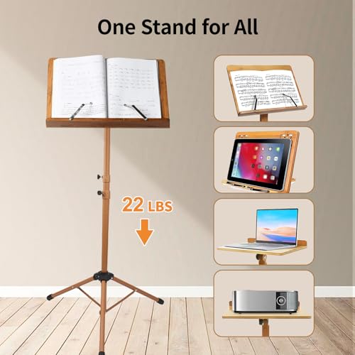 Sheet Music Stand - Portable Music Stand with Carrying Bag, Made of Wooden and Metal Build, Bamboo Conductor Podium Lectern Metal Stand Foldable with Adjustable Height & Angle for Home or Studio