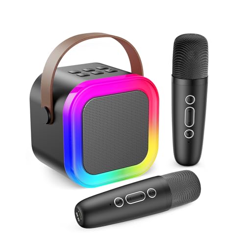 Karaoke Machine for Kids Adults, Mini Karaoke Machine with 2 Wireless Microphones, Portable Bluetooth Speaker with Voice Changing Effects & LED Lights, Best Gifts Toys for Girls and Boys - color: Black