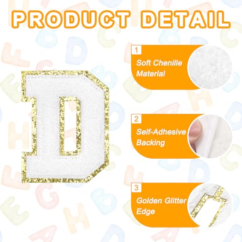 MECCANIXITY Chenille Letter Patches 2.2" Self Adhesive Alphabet D Stick on Embroidered Patch Sew on Letter Stickers Applique for Repairing Clothing Jeans Shoes Hats DIY(White, Pack of 8) - style: Letter D
