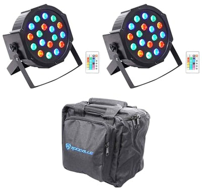 Rockville Battery PAR 50 LED DMX DJ DMX Wash Light Pair with RLB90 Bag | 8-10-Hour Rechargeable Battery, 18x1W RGB LEDs, 7-Channel DMX, XLR In/Out, Sound Activated, 2 Remotes, Color Mixing, 3-items