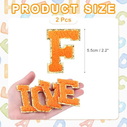 MECCANIXITY Chenille Letter Patches 2.2" Self Adhesive Alphabet F Stick on Embroidered Patch Sew on Letter Stickers Applique for Repairing Clothing Jeans Shoes Hats DIY(Orange, Pack of 2) - style: Letter-F
