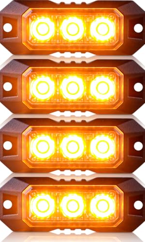 4PCS 3 LED Amber Surface Mount Flashing Strobe Lights for Trucks