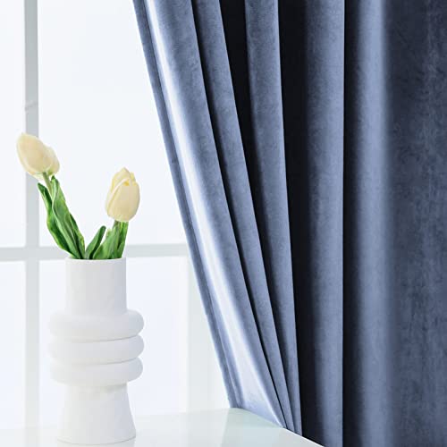 PLEASANT BOULEVARD Stone Blue Velvet Curtains 63 inch Long Heavyweight Blackout Curtains Rod Pocket Thermal Insulated Darkening Window Drapes for Bedroom Living Room, W52 x L63, 2 Panels - color: Stone Blue, size: 52"W x 63"L (Pack of 2)