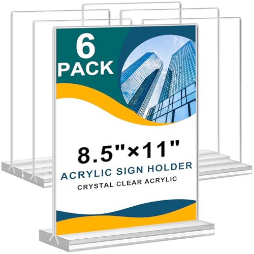Arrobust Acrylic Sign Holder 8.5 x 11, Double Sided Clear Acrylic Display Table Signs Stand, T Shape Flyer Holder Plastic for Picture Paper Frame Holder Home Office Menu Retail Show Fair, 6 Pack - size: Vertical 6 Pack 8.5x11''