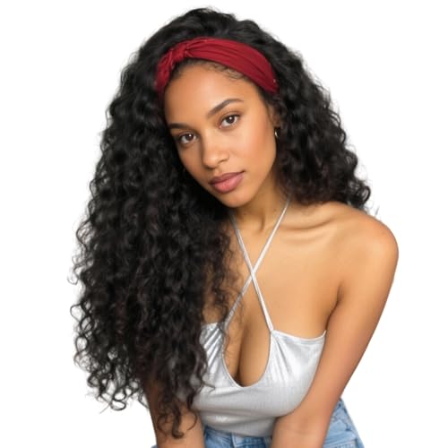 BECUS 18" Curly Headband Wig Natural Black Glam Style - color: A-Curly Black, size: 18 Inch