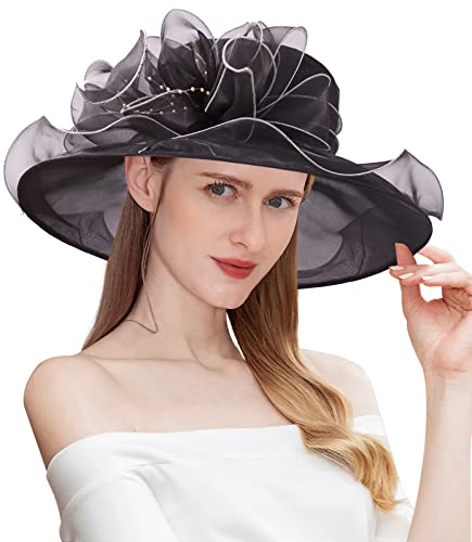 Women Derby Fascinator Hat Organza Church Wedding Hats Wide Brim Cocktail Tea Party Hat - color: 09 Black