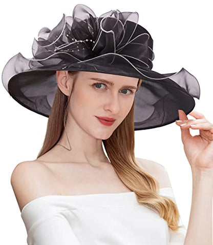 Women Derby Fascinator Hat Organza Church Wedding Hats Wide Brim Cocktail Tea Party Hat - color: 09 Black