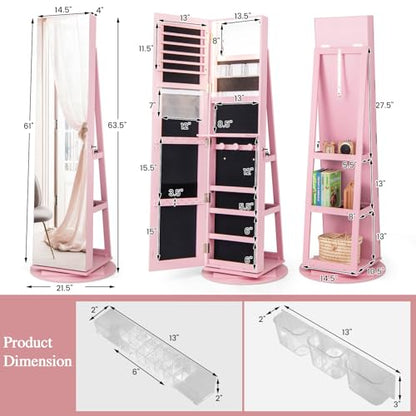 LOKO 360° Swivel Jewelry Cabinet, Lockable Jewelry Organizer (Pink) - color: Pink