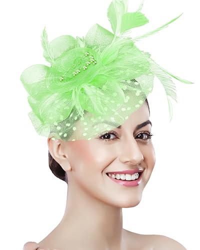 Fascinator Tea Party Hat Women 20s 50s Wedding Cocktail Flower Mesh Feathers Hair Clip for Carnival Halloween - color: A-light Green