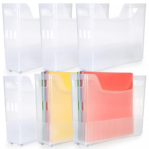 BTSKY 6 Pack Scrapbook Paper Storage Box with Wheels, Plastic Storage Organizer for 12" x 12" Scrapbook Papers, Portable File Organizer with Built-in Handle, Functional Magazine Holder Paper Rack