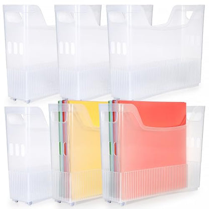 BTSKY 6 Pack Scrapbook Paper Storage Box with Wheels, Plastic Storage Organizer for 12" x 12" Scrapbook Papers, Portable File Organizer with Built-in Handle, Functional Magazine Holder Paper Rack