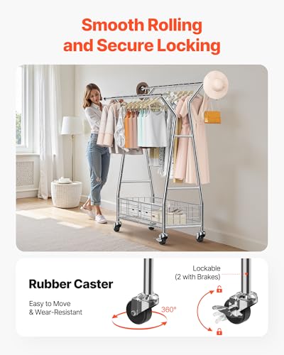 VEVOR Clothes Rack, Rolling Clothing Garment Rack, Extendable Carbon Steel Clothing Racks with Wheels for Bedroom, Laundry, Living Room - style: Modern