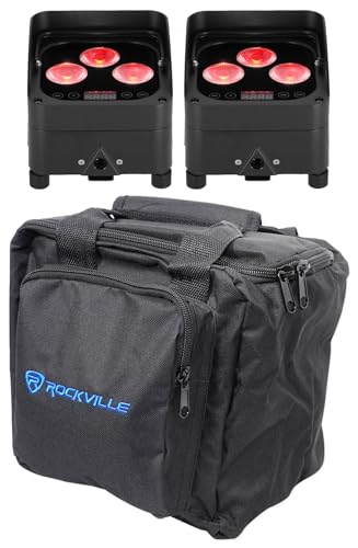 Rockville WET PAR 50 Black Battery DJ Lights 2-Pack Bundle with RLB90 Bag | 24-Hour Single-Color Battery Runtime, IP64 Waterproof, Wireless DMX, RGBWA+UV, 2 RF Remotes, Travel Bag, 3 Items
