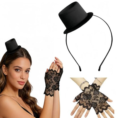 Mini Cowboy Top Hat Headband with Black Lace Gloves,Stylish Costume Accessory for Parties Weddings and Cosplay, Men and Women Black Top Hat Hairband Accessories