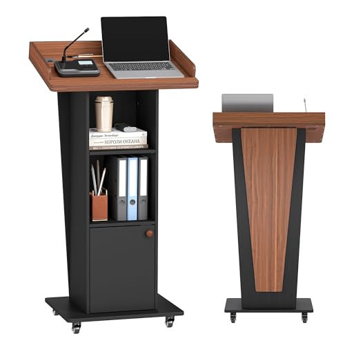 Baoz 15° Tilted Podium Stand with Storage & Lockable Wheels (Black Brown)