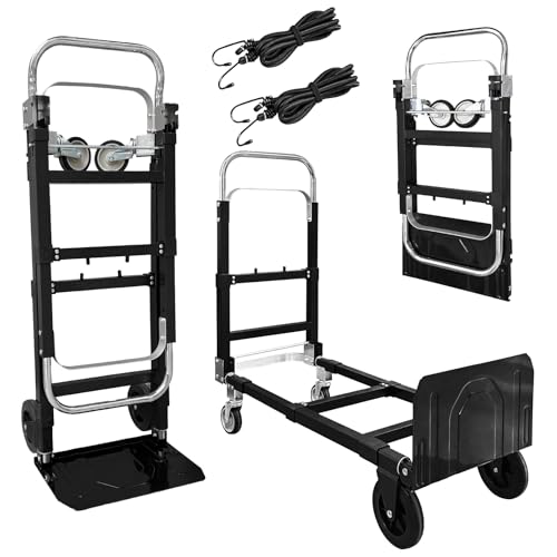 3 in 1 Folding Hand Truck, 600Lbs Capacity, Heavy Duty Collapsible Cart with Retractable Handle and 4 Rubber Wheels, Moving Dolly for Moving Home, Office, Food Service, Shopping Mall, Warehouse - color: Black