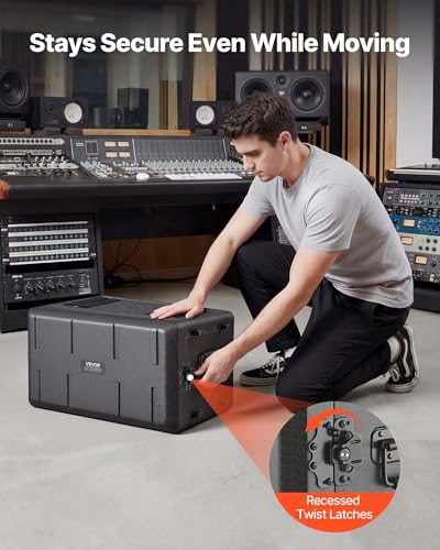 VEVOR 6U Rack Case, 12 in Depth, Rackmount Flight Case Shallow Rack with Microphone Compartment, Polyethylene Construction, Recessed Latches, Easy Installation, for Amplifier, 8.7 in Internal Depth - size: 6U- 8.7 in Internal Depth