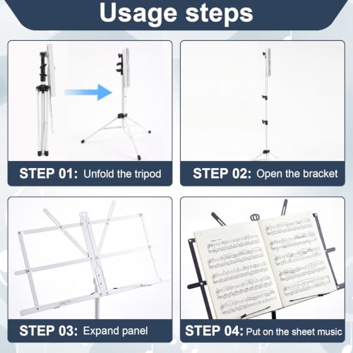 Threehoney 6 Pack Portable Folding Music Stand with Carrying Bags, Dual Use Metal Desktop Book Holder, Adjustable Height 25.6–59", Stable Tripod for Musicians, Students & Band (White) - color: White