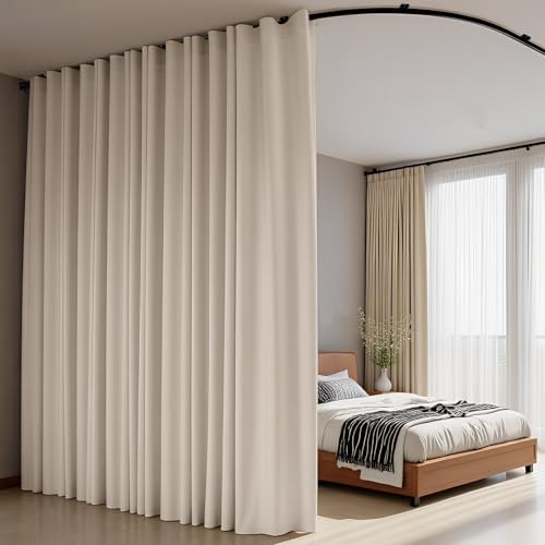 Room Divider Curtains Flexible Ceiling Tracks Set Curtain Track Ceiling Mount Blackout Curtain for Living Room Bedroom Ceiling Curtain Rod Privacy Dividers Panels W100 x H96 Beige Drape & Black Rail - color: Curtain/Track-beige, size: 100"W x 96"L (Pack o