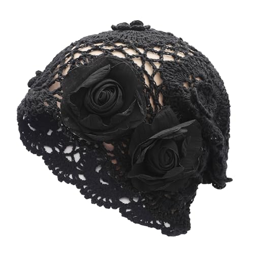 ZLYC Women Cotton Crochet Slouchy Beanie Hat Handmade Knit Summer Skull Cap | Lightweight breathable,boho casual chic look,travel photos festival party,café commute daily wear,beach concert gathering - color: Decorative Flowers Black