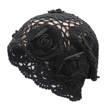 ZLYC Women Cotton Crochet Slouchy Beanie Hat Handmade Knit Summer Skull Cap | Lightweight breathable,boho casual chic look,travel photos festival party,café commute daily wear,beach concert gathering - color: Decorative Flowers Black