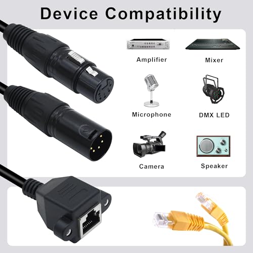 1 Pair XLR 5 Pin to RJ45 Adapter Cable RJ45 Female to 5 Pin XLR DMX Male & Female Converter Extension Cable(1ft/30cm)