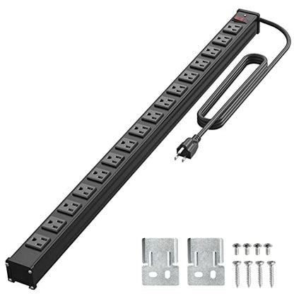 QBA 16 Outlet Metal Power Strip, Long Power Strip with 10FT Extension Cord, Wall Mount Heavy Duty Power Strip for Home Office Garage Warkshop, ETL Certified, Black