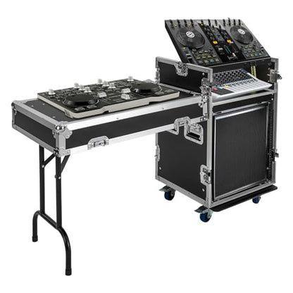 12U PA DJ Pro Audio Rack Road Case w/Slant Mixer Top, Heavy Duty Mobile Studio Equipment Cabinet, Network and Stereo Rack DJ Mixer Rack for Mixers & Live Sound - size: 12U / Side Tables