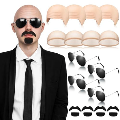 Mepase Bald Caps with Glasses Mustache Accessories | Halloween Cosplay Style Set, Bald Cap, Adult Lens Glasses, Beard Stickers, Costume Party Disguise Accessories - color: Wrinkle